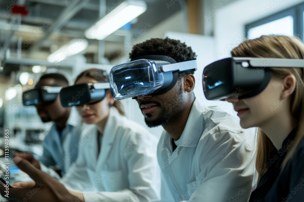 Scientists doing research in a laboratory wearing VR glasses Scientists doing research in a laboratory wearing VR glasses