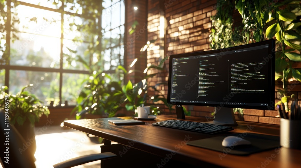 Fototapeta premium A modern workspace featuring dual monitors with coding on screen, surrounded by lush greenery and natural light.
