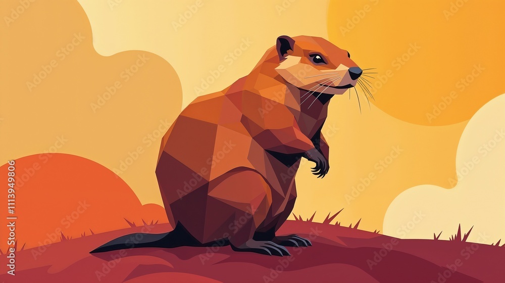 Marmot stands alert on hillside with warm colors of sunset in the background Marmot stands alert on hillside with warm colors of sunset in the background