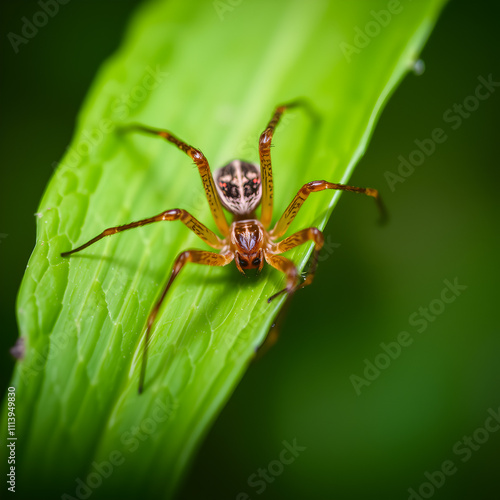 Brown spider sitting on a green leaf (Kusagumo, Agelena silvatica photo