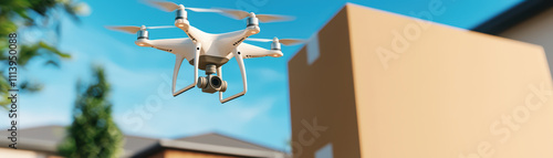 delivery drone flying above suburban neighborhood, carrying package. scene captures innovation of modern logistics and convenience of drone technology photo