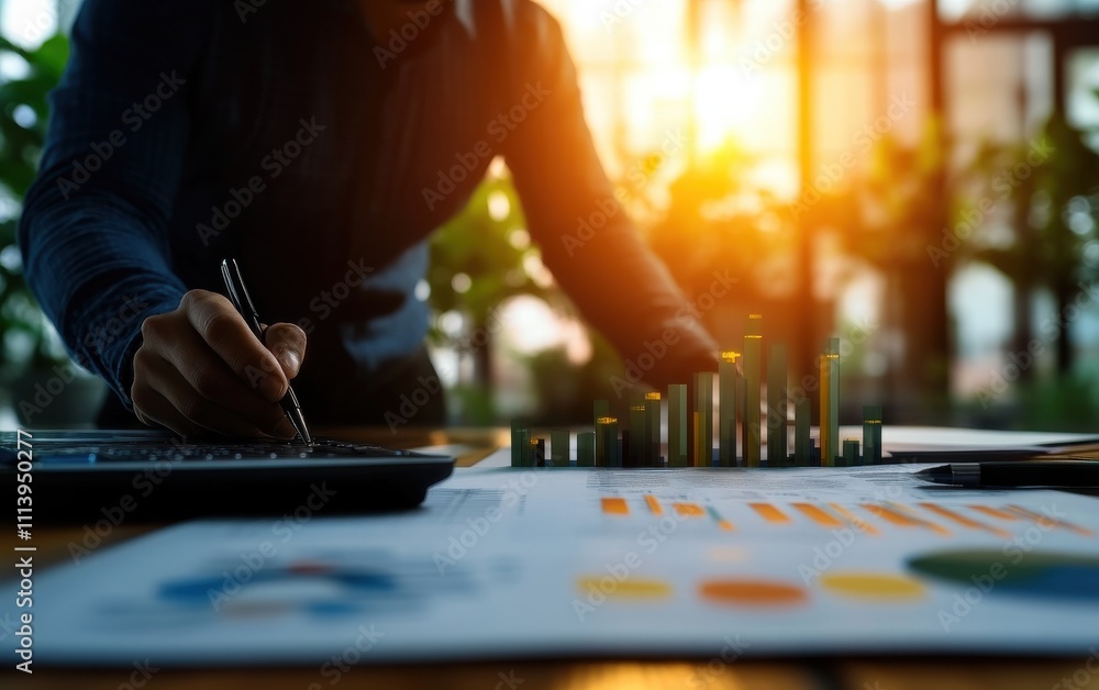 A person analyzes financial data on a desk, using charts and a calculator, with a warm sunset glow in the background, suggesting productivity and focus. A person analyzes financial data on a desk, using charts and a calculator, with a warm sunset glow in the background, suggesting productivity and focus.