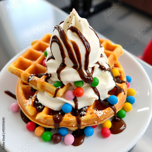Bubble Waffle with Whipped Cream Ice Cream Candies And Chocolate