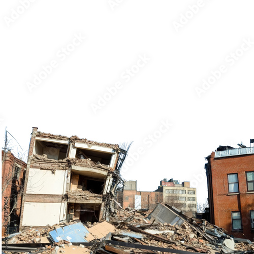 collapsed building showcasing destruction and debris in urban area. scene evokes sense of devastation and loss. ,Isolated on Transparency background , PNG