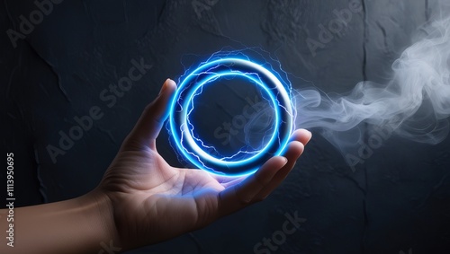 Futuristic: Hand Holds A Glowing Blue Ring, Sparking With Energy. Dark Background.