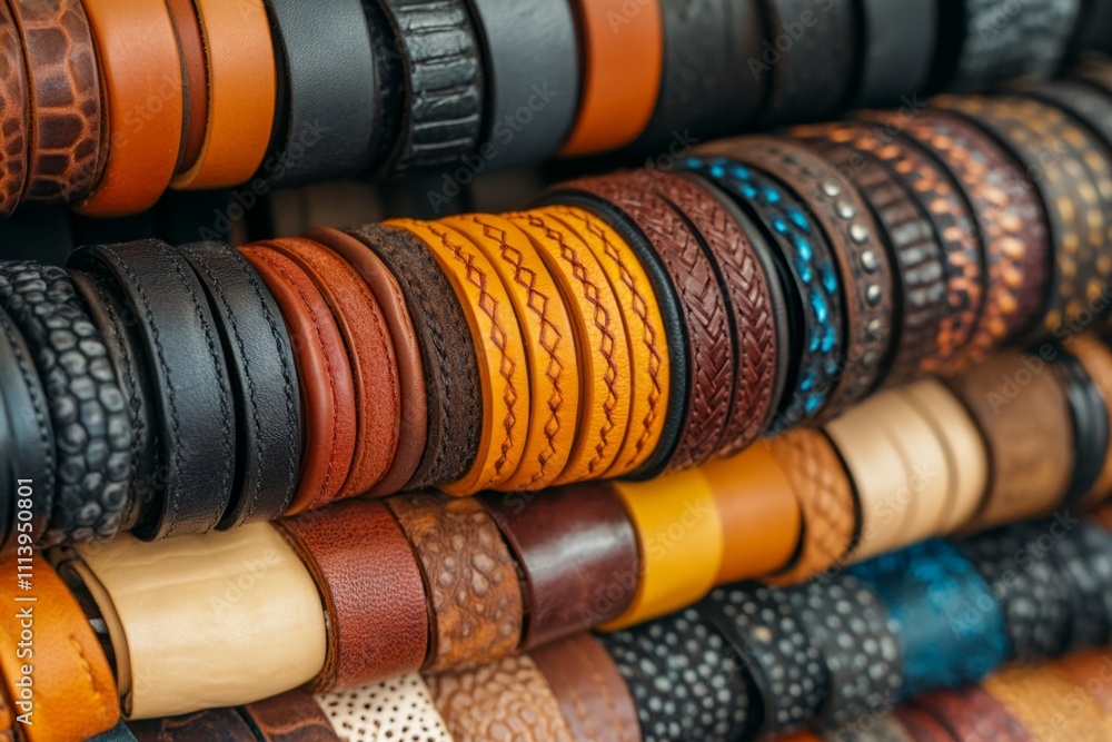 Many colorful handmade leather bracelets are displayed in rows, showcasing traditional craftsmanship Many colorful handmade leather bracelets are displayed in rows, showcasing traditional craftsmanship