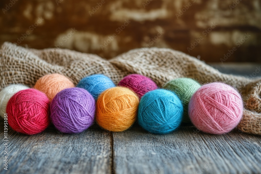 Balls of colorful yarn sit on a weathered wooden surface, ready for knitting or crocheting projects Balls of colorful yarn sit on a weathered wooden surface, ready for knitting or crocheting projects