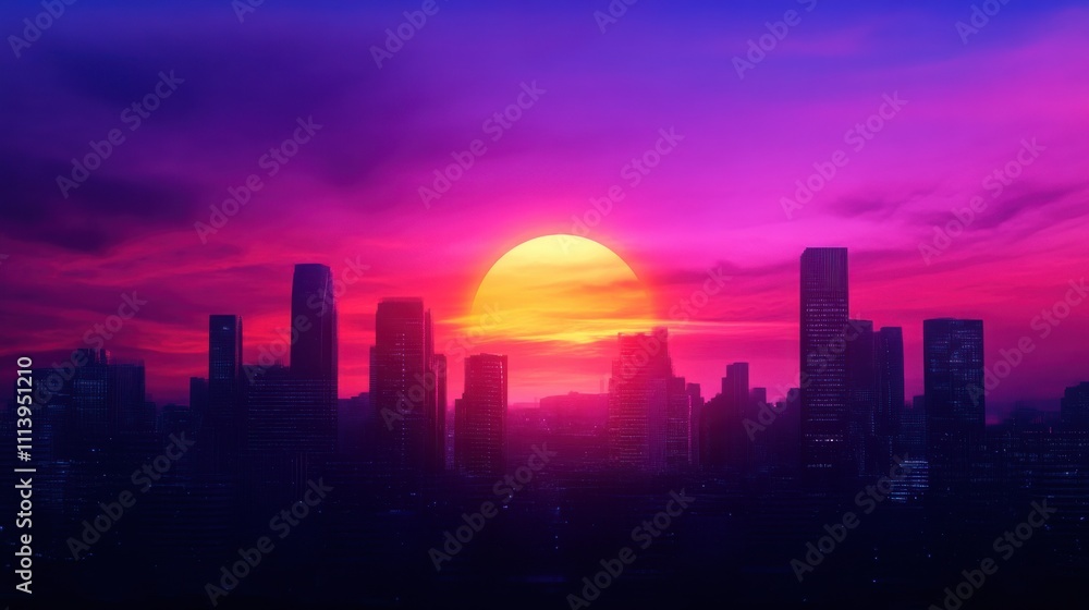 A vibrant sunset casts a colorful glow over a city skyline, blending pink, purple, and orange hues against silhouetted skyscrapers. A vibrant sunset casts a colorful glow over a city skyline, blending pink, purple, and orange hues against silhouetted skyscrapers.