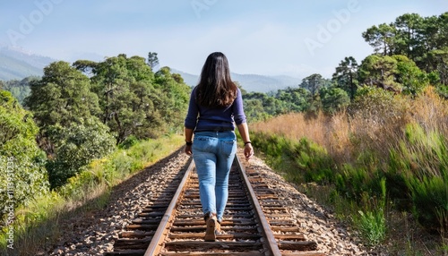 A person walking confidently on a railroad track or trail, symbolizing purpose, direction, and moving forward photo