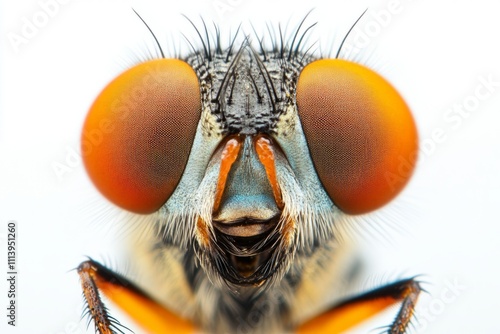 Macro photograph of a fly's face highlighting its large orange eyes and intricate mouthparts