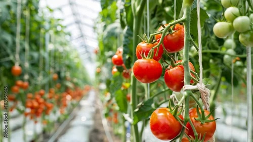 Wallpaper Mural Tomatoes on branches in a large greenhouse with copy space Torontodigital.ca