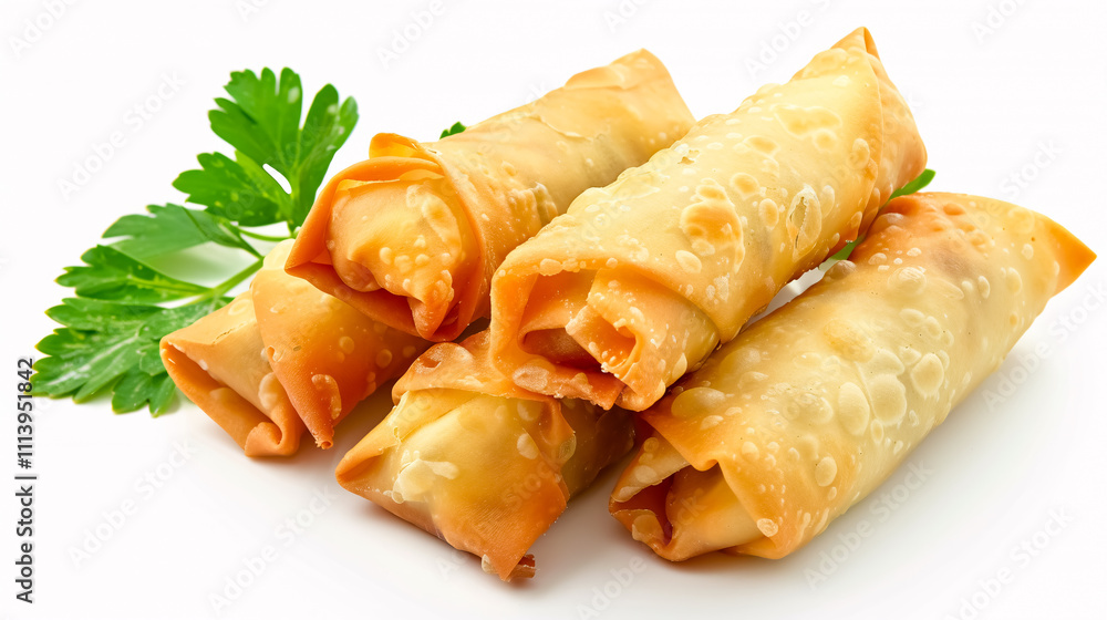 Spring Rolls: Fresh spring rolls with vegetables and/or shrimp wrapped in rice paper, served with dipping sauce on a white background.