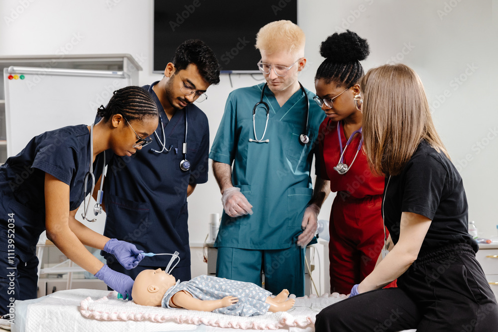 Group of doctors surrounding baby for medical examination Group of doctors surrounding baby for medical examination