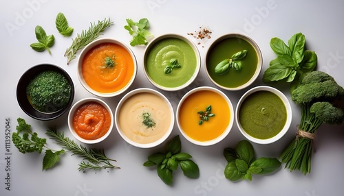 Aromatic vegetable soups and fresh herbs arranged for a vibrant culinary presentation 