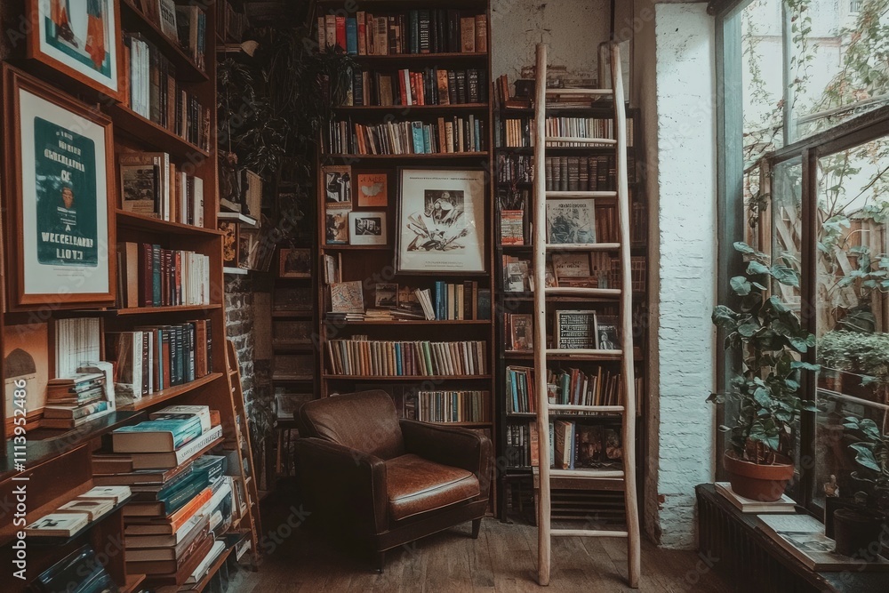 A warm space with bookshelves, plants, and a comfy chair A warm space with bookshelves, plants, and a comfy chair