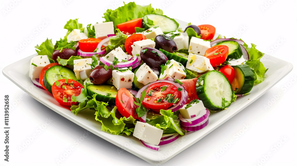 Square Plate of Greek Salad: A square plate filled with Greek salad, isolated on a white background. Square Plate of Greek Salad: A square plate filled with Greek salad, isolated on a white background.
