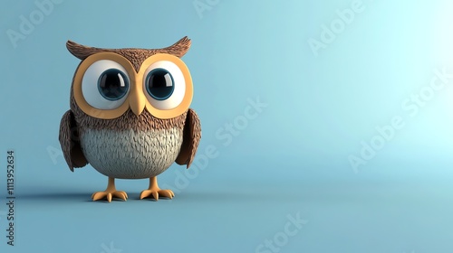 Cute wide-eyed cartoon owl on a simple blue background. photo