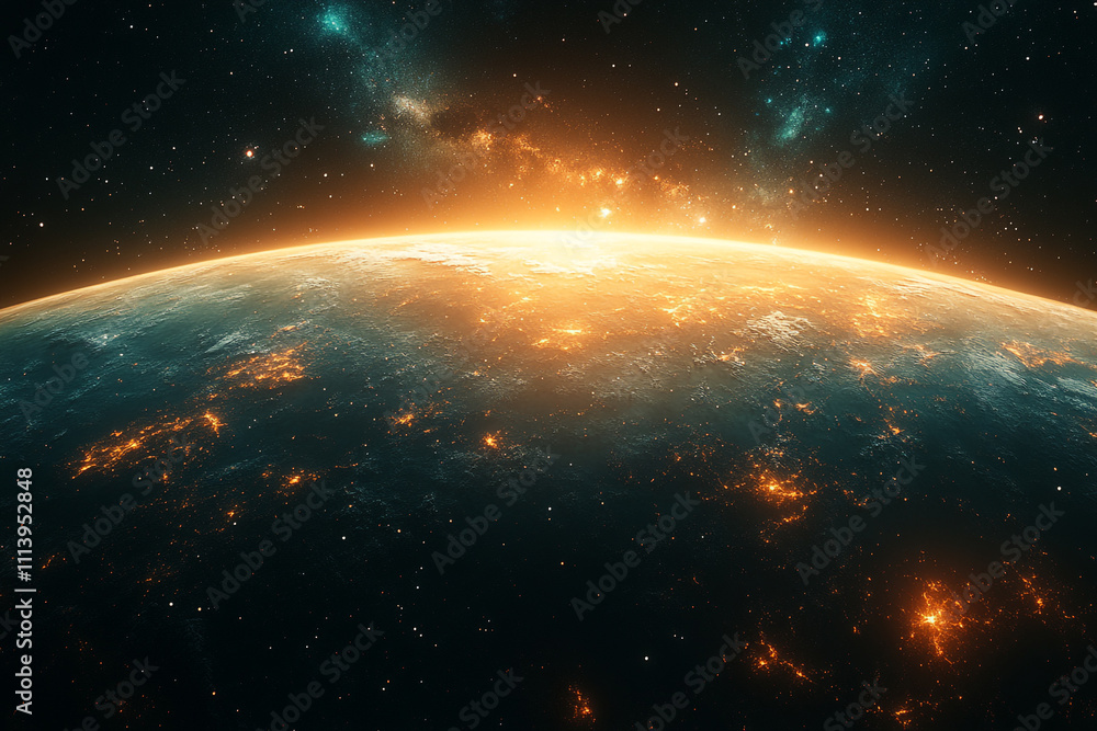 A glowing planet earth viewed from space at sunrise A glowing planet earth viewed from space at sunrise
