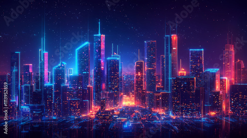 vibrant, futuristic city skyline illuminated by neon lights, showcasing advanced infrastructure and technology. scene captures digital utopia with towering skyscrapers and starry night sky