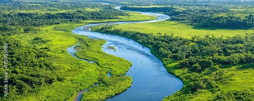 An aerial view of a river with branching tributaries during spring, lush green vegetation emerging around the waterways, a sense of renewal and growth