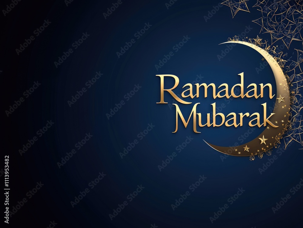 Elegant dark blue background with Ramadan Mubarak greeting and crescent moon design Elegant dark blue background with Ramadan Mubarak greeting and crescent moon design