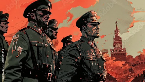 A dramatic illustration depicting a militaristic regime dictatorship, with a towe like Kremlin looming over a parade of uniformed figures under a fiery sky. Military dictatorship illustration