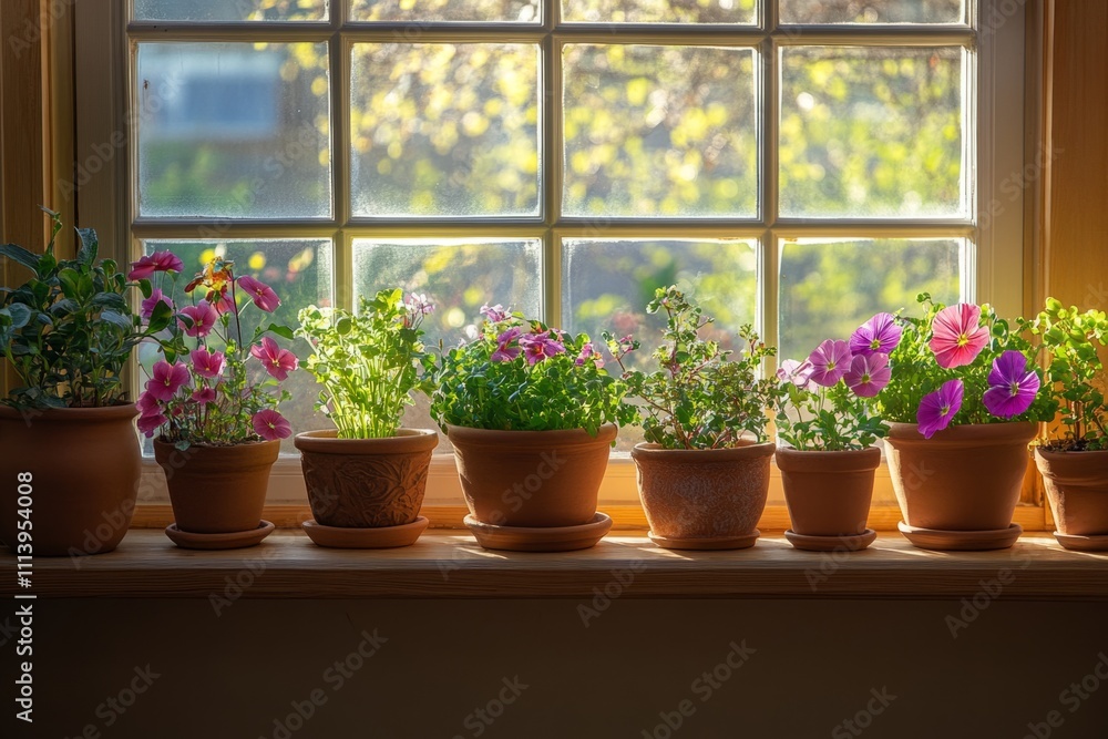 Vibrant potted flowers thrive on a sunlit windowsill, bringing nature indoors Vibrant potted flowers thrive on a sunlit windowsill, bringing nature indoors
