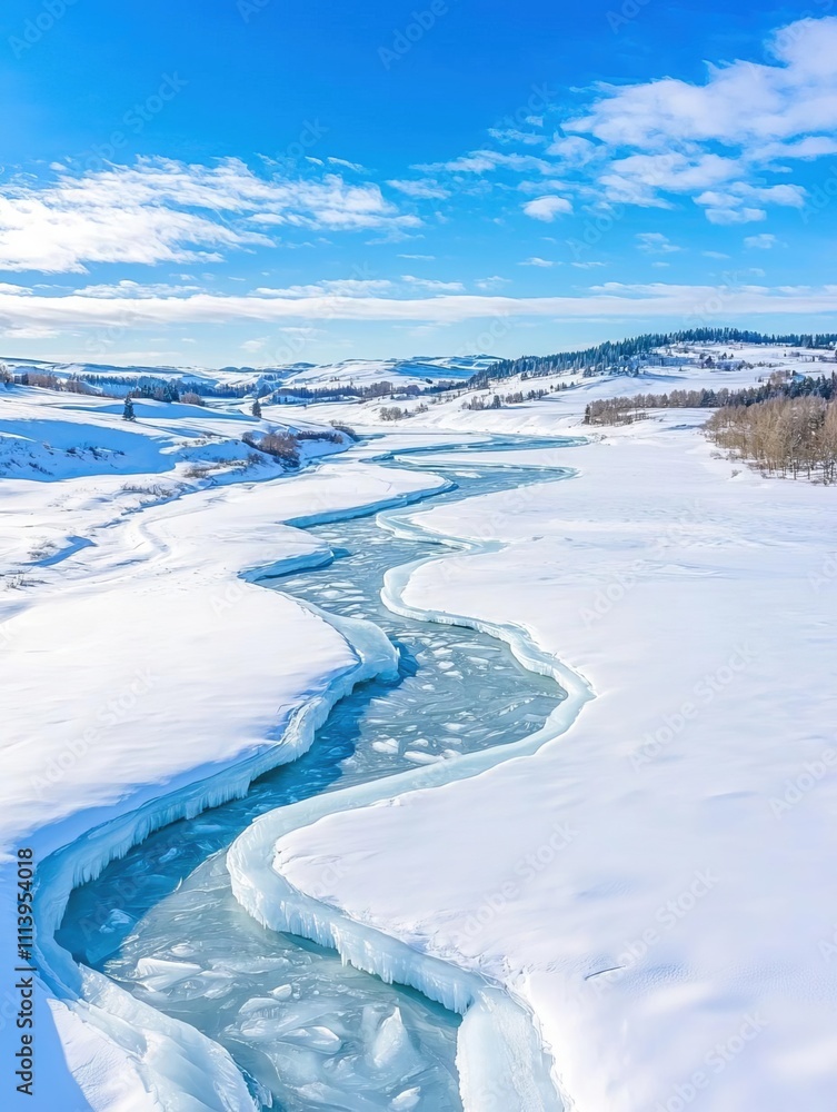 Obraz premium An intricate network of river tributaries frozen over in winter, forming natural ice patterns, with snow blanketing the surrounding landscape, peaceful and cold
