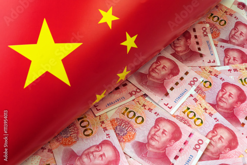 currency of PBOC or people's bank of china. One hundred CNY Chinese yuan bill with a flag of China. 100 rmb or renminbi, depicts Beijing economy system, public banking policy and interest rate