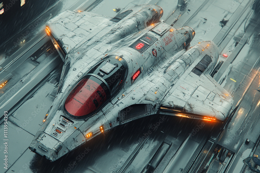 Futuristic Spaceship Landing on Wet Runway Futuristic Spaceship Landing on Wet Runway