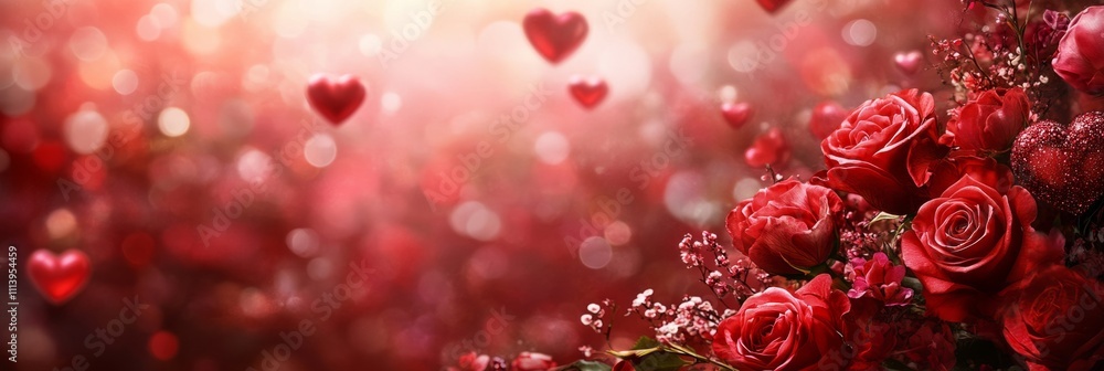 Beautiful bouquet of red roses and heart shaped object on a bokeh background creating a romantic valentine's day mood Beautiful bouquet of red roses and heart shaped object on a bokeh background creating a romantic valentine's day mood