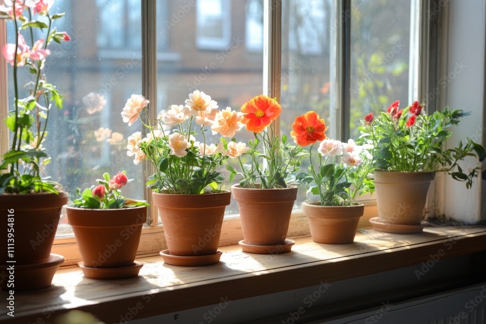 Various colorful flowers are growing in terracotta pots on a windowsill, enjoying the sunlight Various colorful flowers are growing in terracotta pots on a windowsill, enjoying the sunlight