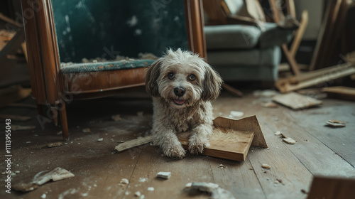 Curly gray dog ​​chewed furniture and lies among chewed furniture debris