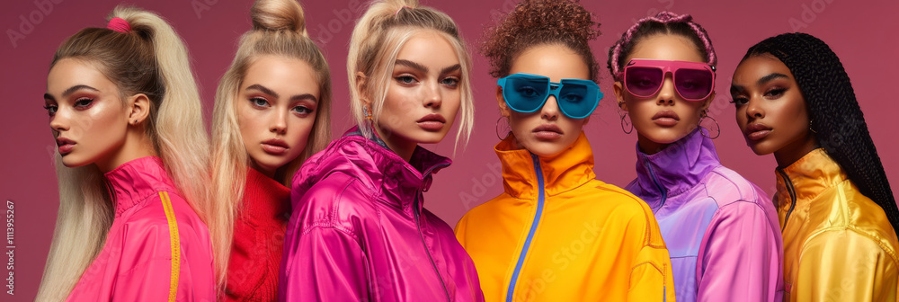 Group of stylish female models showcasing trendy sportswear and accessories against a vibrant pink backdrop Group of stylish female models showcasing trendy sportswear and accessories against a vibrant pink backdrop