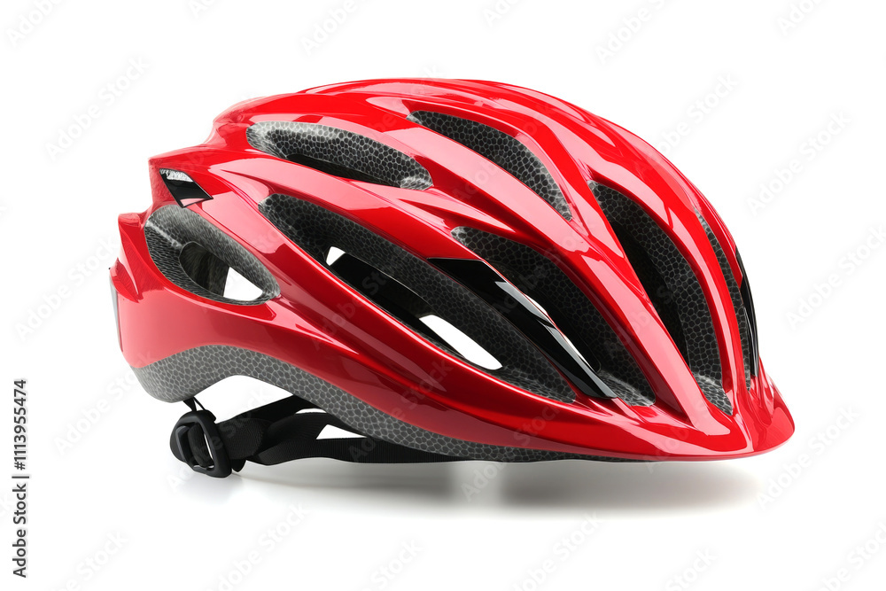 Fototapeta premium Modern red bicycle helmet isolated on white background, ensuring safety and style for cyclists