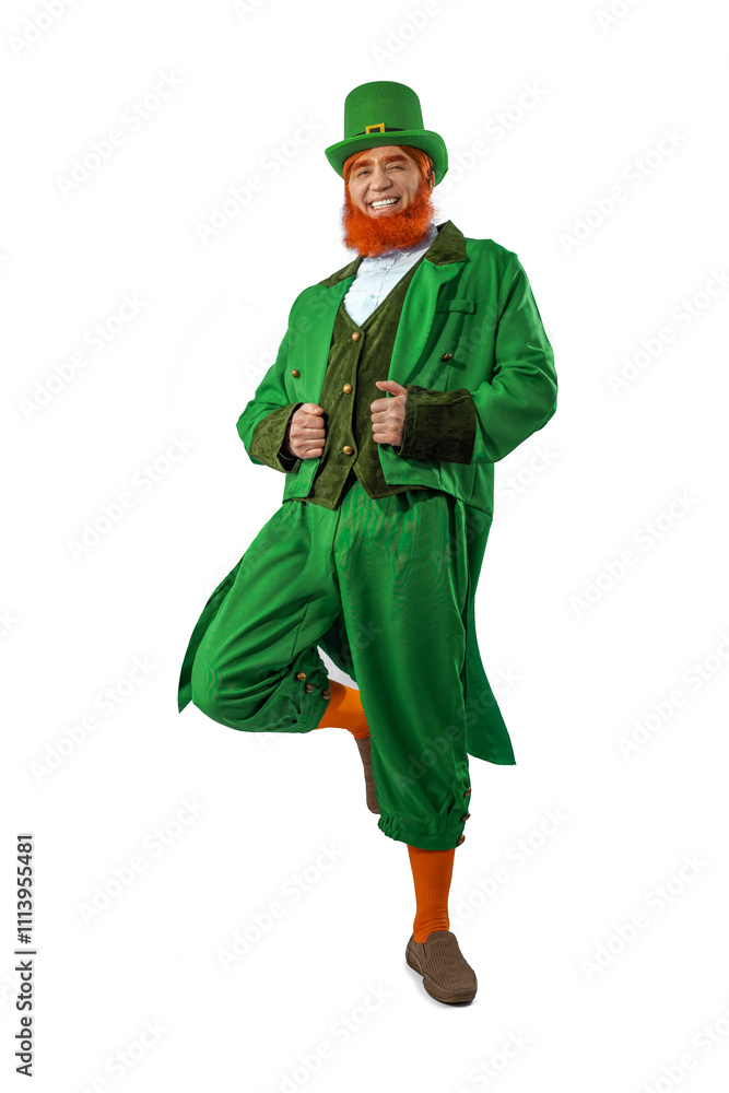 Leprechaun elf on St. Patrick's Day. Cheerful character Irish leprechaun for advertising with a red natural beard in a green suit and green hat for advertising. Cosplay at the festival on March 17th Leprechaun elf on St. Patrick's Day. Cheerful character Irish leprechaun for advertising with a red natural beard in a green suit and green hat for advertising. Cosplay at the festival on March 17th
