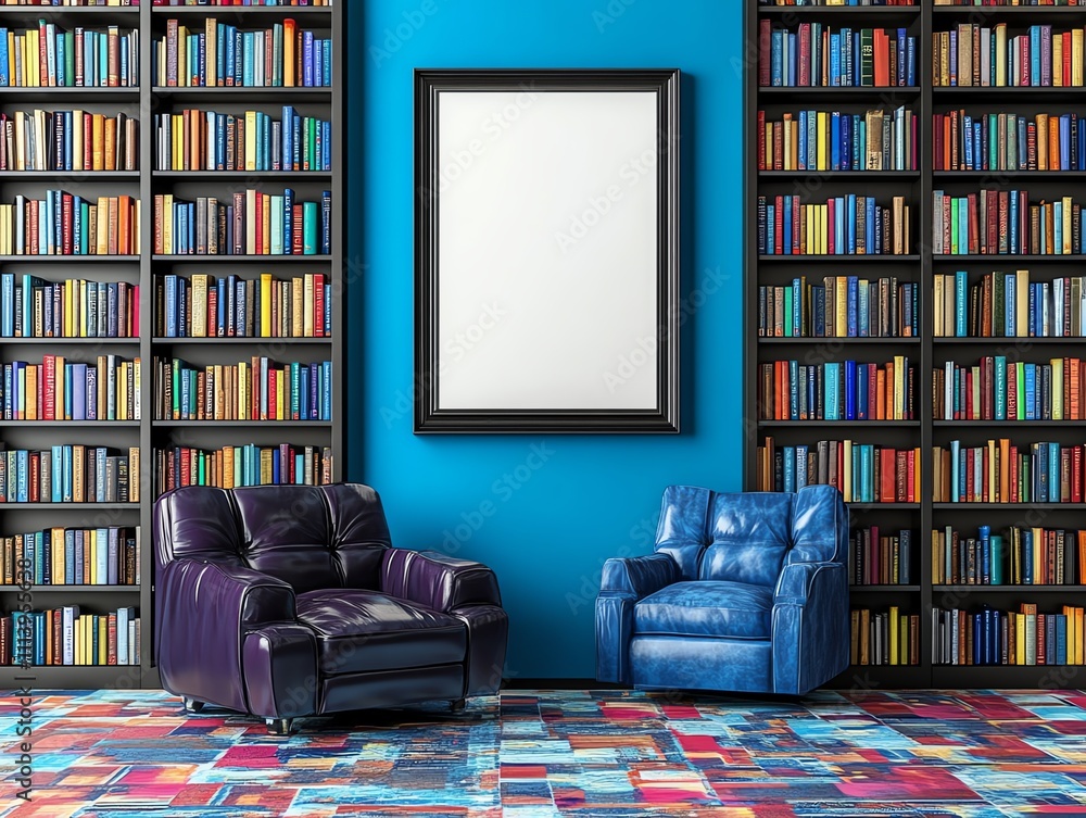 Cozy reading nook with colorful armchairs and vibrant book-filled shelves in a tranquil setting.