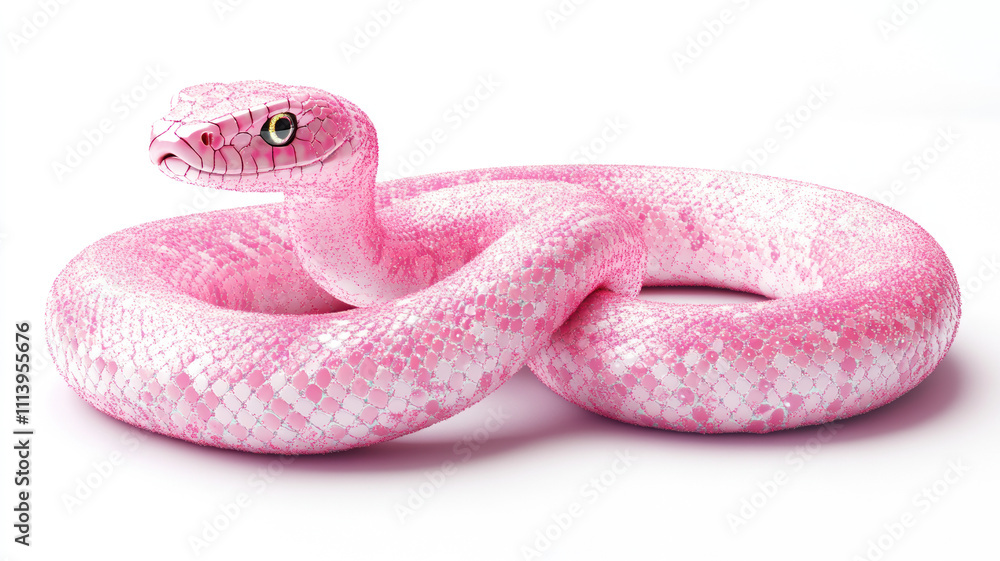 Fototapeta premium A snake with shimmering pink sequin-like skin is depicted in an image filled with intricate patterns and glittering pink outlines, its bright, sharp eyes standing out.