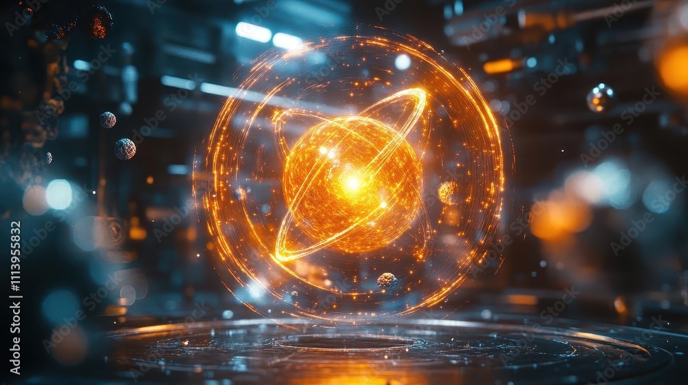 A symbolic glowing qubit surrounded by particles in a futuristic lab, cinematic depth of field