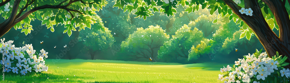 Obraz premium serene landscape featuring lush green trees and blooming flowers, creating peaceful atmosphere. sunlight filters through leaves, enhancing tranquil scene