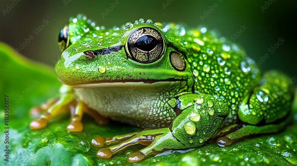 Obraz premium Green Frog Resting On Dew Covered Leaf