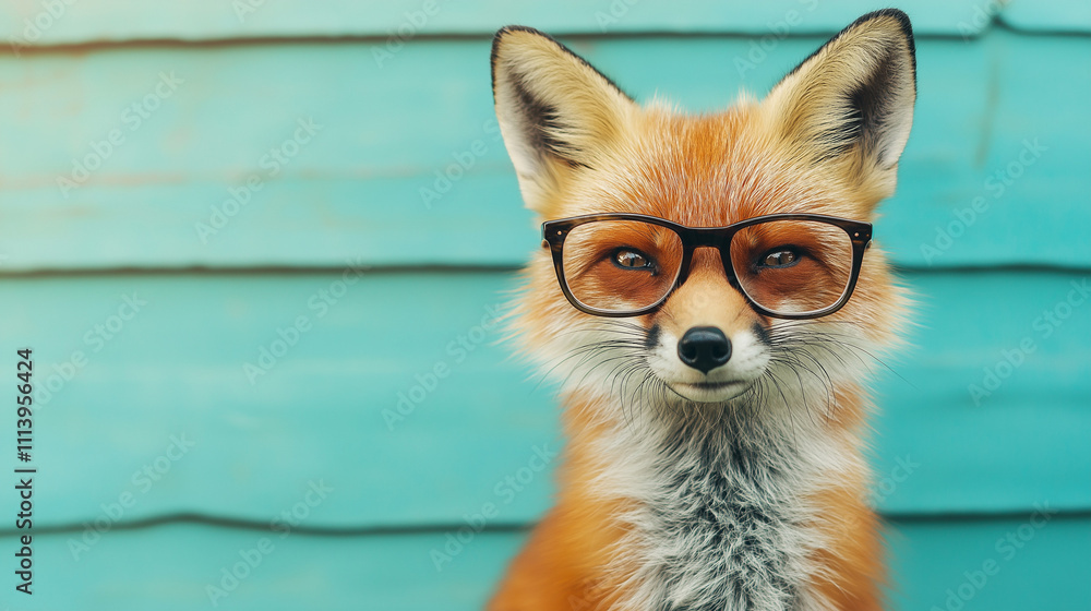 Fototapeta premium Hipster fox in stylish black glasses on blue pastel background