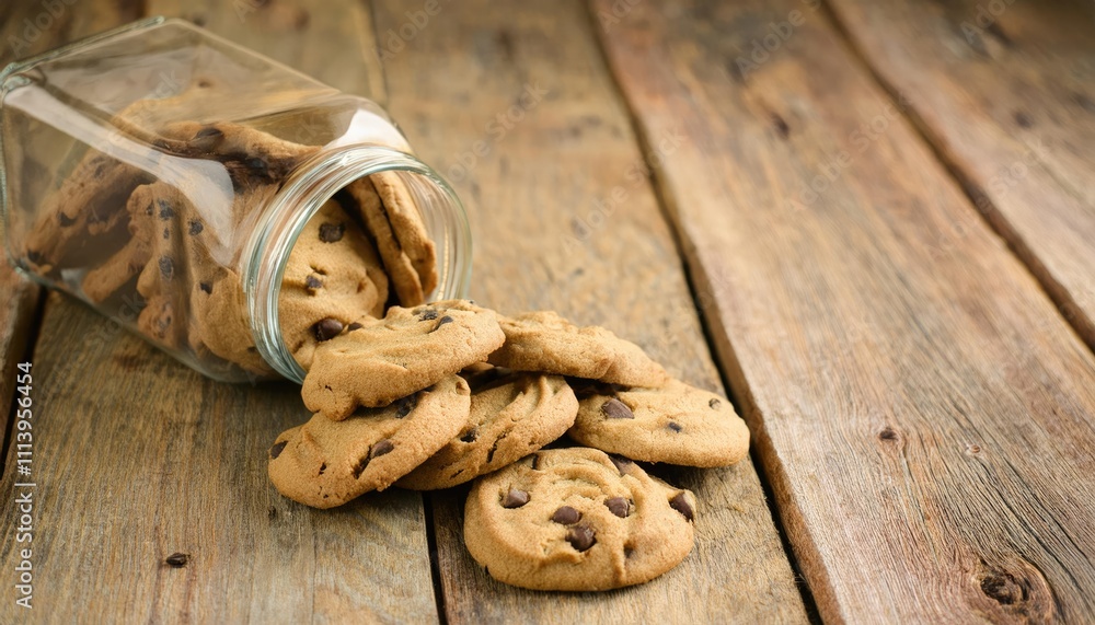Chocolate chip cookies overflowing from glass jar on rustic wood table Chocolate chip cookies overflowing from glass jar on rustic wood table