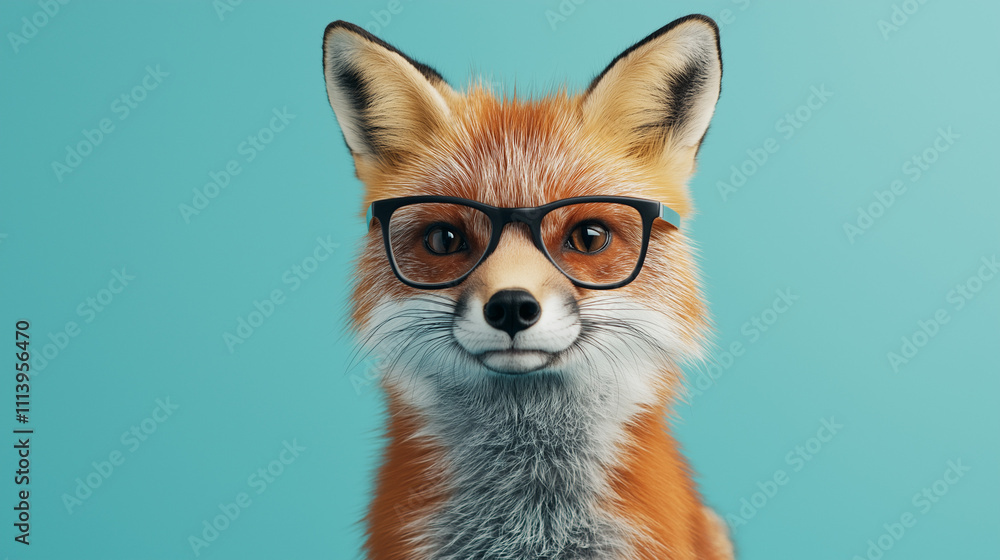 Obraz premium Hipster fox in stylish black glasses on blue pastel background