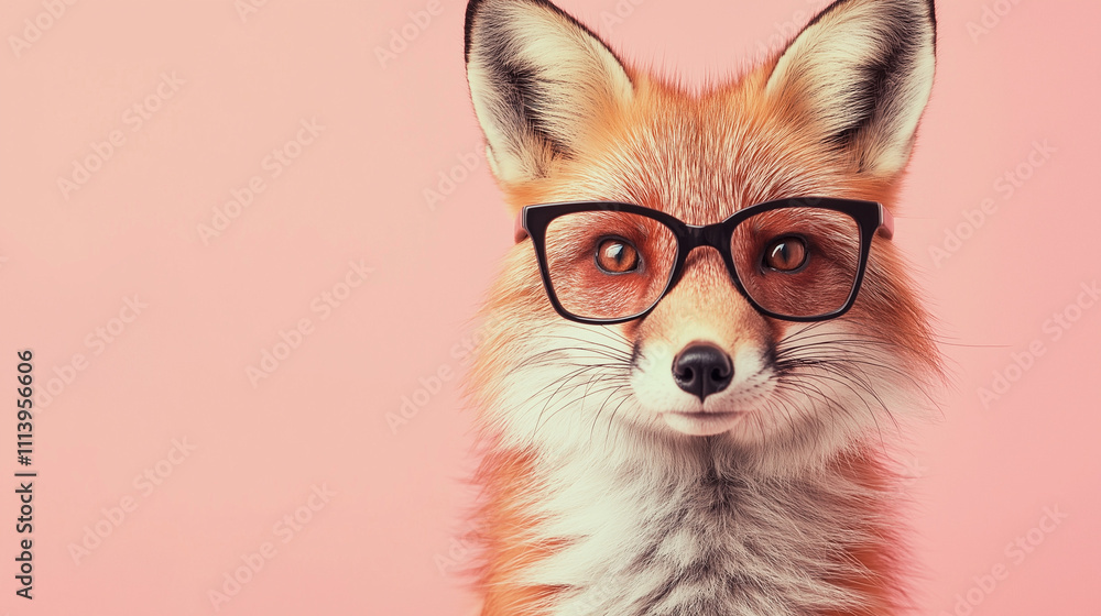 Obraz premium Hipster fox in stylish black glasses on pink pastel background