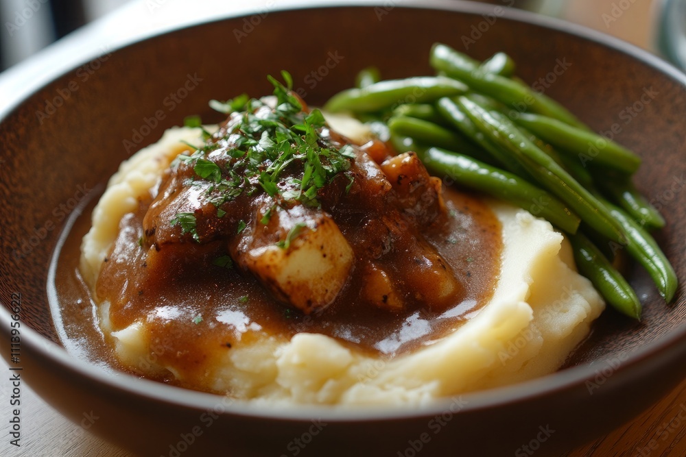 Savory meal with mashed potatoes and green beans. Generative AI Savory meal with mashed potatoes and green beans. Generative AI