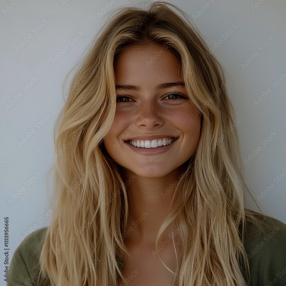 Smiling blonde woman with a radiant face, set against a clean white background Smiling blonde woman with a radiant face, set against a clean white background