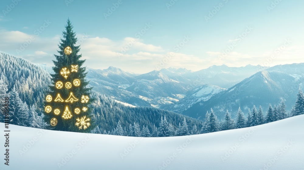 Majestic Winter Landscape with Snowy Mountain Backdrop and Beautifully Decorated Christmas Tree Glowing with Colorful Lights in a Serene Atmosphere Majestic Winter Landscape with Snowy Mountain Backdrop and Beautifully Decorated Christmas Tree Glowing with Colorful Lights in a Serene Atmosphere