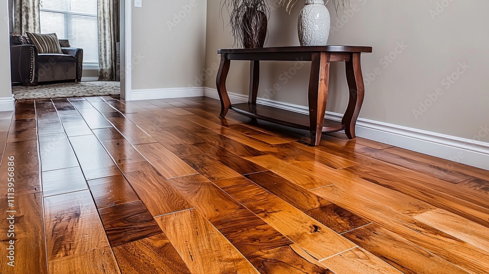 A wooden floor made from durable hardwood, with rich grain patterns and a polished finish in a modern home interior.