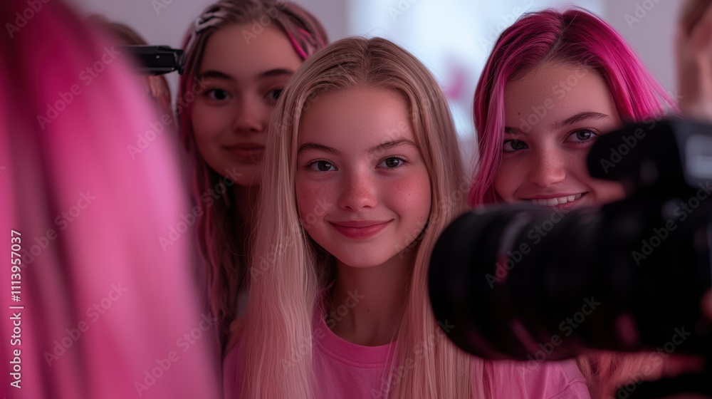 Smiling Girls Posing For A Photo Together In Front Of A Camera, selective focus Smiling Girls Posing For A Photo Together In Front Of A Camera, selective focus